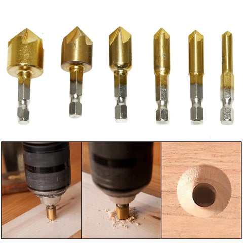 All In One Woodworking Drill Bit Set With Countersinks And Plug Cutters Hex Shank HSS 5 Flute 90 Degree Bits in use on wood