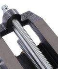 Close-up of 6 Inch Cross Slide Vise Drill Press Mount Heavy Duty Milling Vise showing precision screw and jaws.