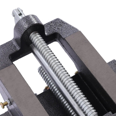 Close-up of 6 Inch Cross Slide Vise Drill Press Mount Heavy Duty Milling Vise showing precision screw and jaws.
