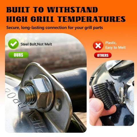 Cool Touch Damper Handle for Smokey Mountain WSM Kettle Grill, shows steel bolt connection vs melted plastic