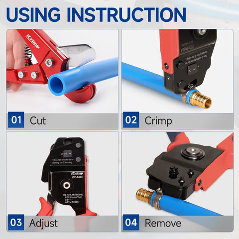Instruction for All-In-One PEX Cinch Tool Kit With Remover No-Fuss One-Hand Crimping Tool shows cutting, crimping, adjusting, removing steps