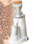 Premium Commercial Coffee Bean Grinder With Stepless Flat Conical Burrs 350G Large Capacity Low Noise Electric Mill, white design.
