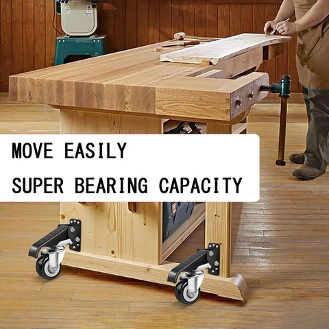 Heavy Duty Retractable Workbench Caster Wheel Set with smooth gliding polyurethane rollers on a wooden workbench.