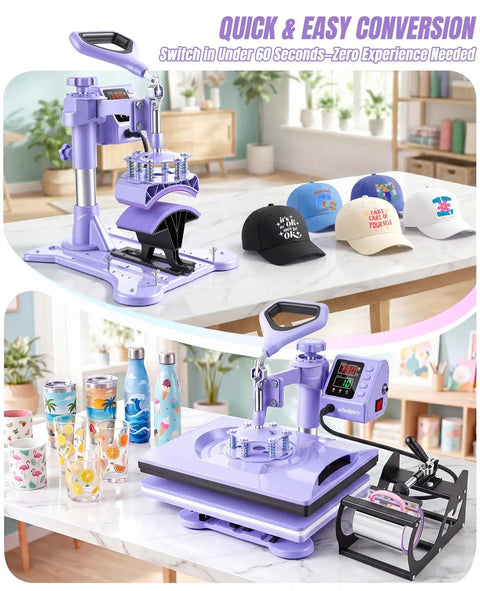 8 in 1 Heat Press Machine With Swing Away 12x15 Inch Shirt Press for sublimation, displaying use for caps and mugs.