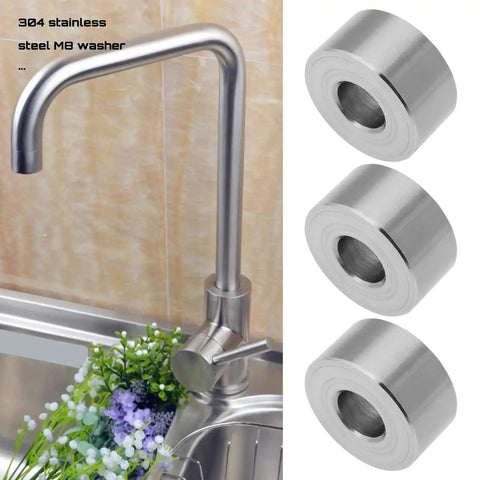 304 stainless steel M8 washer with kitchen faucet in background, showcasing 8Pcs 304 Stainless Steel Spacer Sleeves M8 Unthreaded Bushings Gaskets ID 8.2 X OD 20mm, Height 10mm, Tough As Nails For Mechanical Power Equipment And Metal Devices