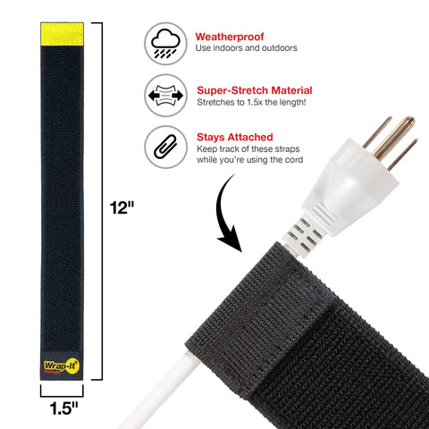 Selfie Straps 12 Inch 8 Pack Black Super Handy Stretchy Hook and Loop Cord Organizer with weatherproof and stretchy features