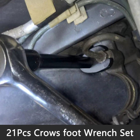 Metric Crowfoot Flare Nut Wrench Set 8mm To 24mm, 21-Piece With 3/8 And 1/2 Inch Drives, Built For Tight Spots And Auto Jobs, Beefy Gear For Hard To Reach Fittings Everyday. Crowfoot wrench on brake line fitting in tight engine bay