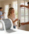 Cuttable Window Screen Repair Tape For Holes And Tears, shown being applied to a door screen in a home setting.