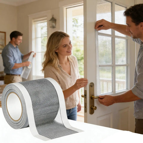Cuttable Window Screen Repair Tape For Holes And Tears, shown being applied to a door screen in a home setting.