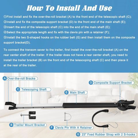 AHIER adjustable black boat transom saver, side view; heavy-duty composite head and 23-inch rubber strap.