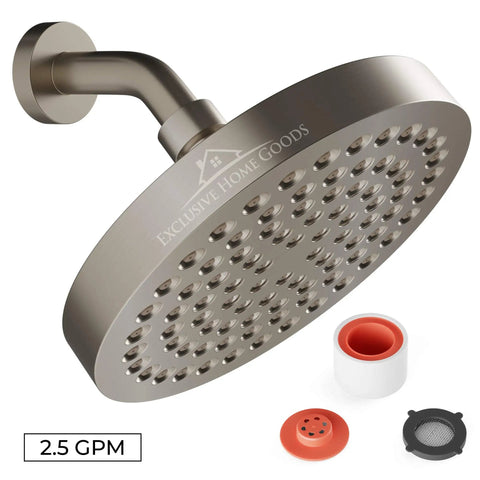 High Pressure Rainfall Shower Head Matte Black 6 Inch Diameter 2.5 GPM Flow Anti Clog 90 Rubber Jets 360 Degree Rotation Rustproof Adjustable