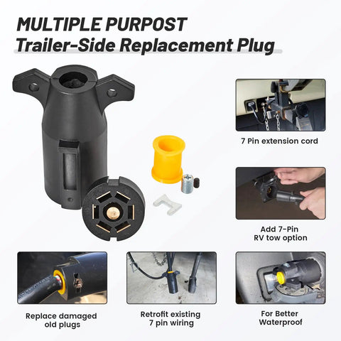 Heavy Duty 7 Prong Trailer Wiring Tow Plug For RV And Boat Trailers, Splice-In Replacement, 7 Way Round RV Style Trailer Plug, Male End Connector