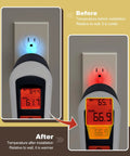 Before and after temperature comparison showing Twenty Pack Of Thick Eva Foam Outlet Insulators And Draft Sealers effectiveness in blocking drafts.