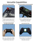 T8S 8 Channel 2.4G RC Pocket Transmitter with ergonomic grip and dual sticks, shown in four panel demonstration of capabilities.