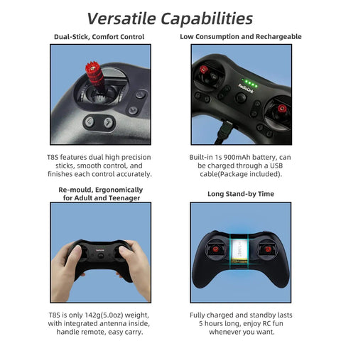 T8S 8 Channel 2.4G RC Pocket Transmitter with ergonomic grip and dual sticks, shown in four panel demonstration of capabilities.