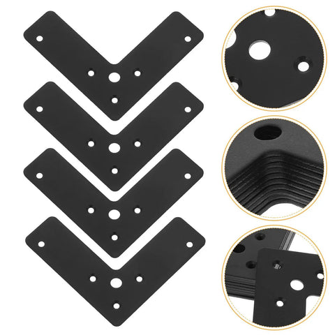 10 Piece Black Stainless Steel L Shaped Corner Brackets Set for Heavy Load Support, shown in detail with close-up inserts