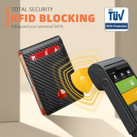 Slim Leather Money Clip Wallet For Men With RFID blocking near card scanner