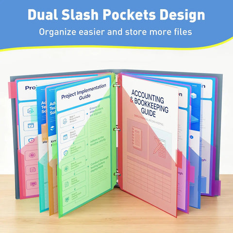 Open multicolor Two Pocket Binder Dividers With Eight Tabs For 3 Ring Binders showing dual slash pockets and guides