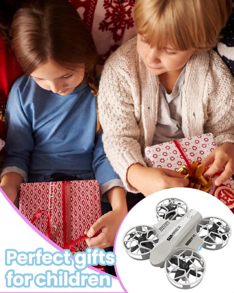 Two children opening gifts with Mini Drone For Kids With 360 Degree Flips, LED Lights, And Easy Flight Features overlay image
