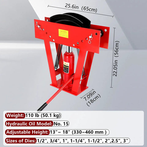16 Ton Manual Hydraulic Pipe Bender With 45 Steel Frame For Copper And Metal Tubes Includes 8 Dies for professional bending, shown with measurements.
