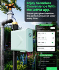 Smart WiFi Water Timer For Garden Hose Faucet Solar Powered 365 Days Uninterrupted Power Outdoor Sprinkler Timer Programmable With WiFi Hub Type C 5W 6000mAh Portable Solar Panels installed on garden faucet, LetPot app control screen displayed