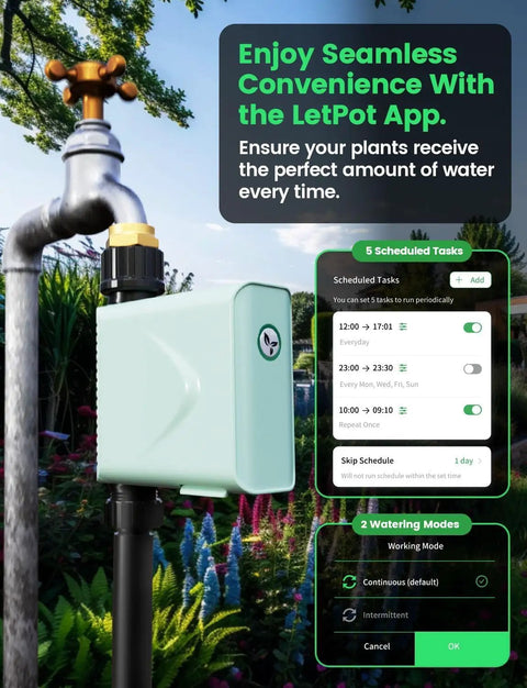 Smart WiFi Water Timer For Garden Hose Faucet Solar Powered 365 Days Uninterrupted Power Outdoor Sprinkler Timer Programmable With WiFi Hub Type C 5W 6000mAh Portable Solar Panels installed on garden faucet, LetPot app control screen displayed