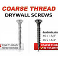 Contractor Grade Size 6 X 1-5/8 Drywall Screws 500 Pack Coarse Thread Wood Stud Fasteners displayed with size options.