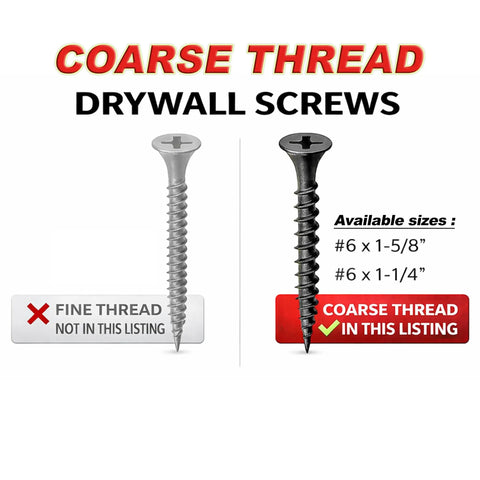 Contractor Grade Size 6 X 1-5/8 Drywall Screws 500 Pack Coarse Thread Wood Stud Fasteners displayed with size options.