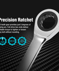 Close-up of 10Mm Extra Long Ratcheting Wrench Metric CR V Steel Built Beefy For Maximum Reach And Torque Durable Chrome Vanadium Tool