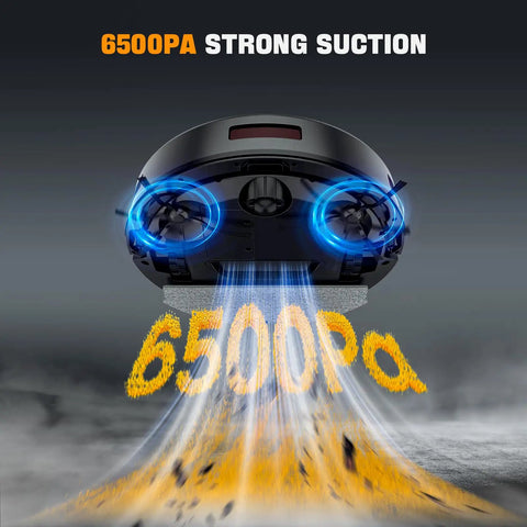 Bottom view of 2 In 1 Robot Vacuum And Mop With 6500Pa Beast Mode Suction Gyro Inertial Navigation; strong suction visual.