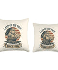Two throw pillows with "Land of the Free" ship design, sized comparison, Patriotic Sailboat Throw Pillow With All American Flag Theme Celebrating Independence Day 1776 And 4th Of July Red White And Blue USA Decor For Living Room Or Porch