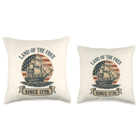 Two throw pillows with "Land of the Free" ship design, sized comparison, Patriotic Sailboat Throw Pillow With All American Flag Theme Celebrating Independence Day 1776 And 4th Of July Red White And Blue USA Decor For Living Room Or Porch