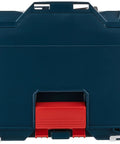 Rear view of Super Reliable Stackable Tool Storage Case That Interlocks In Seconds For Quick Transport And Safe Storage Of Your Power Tools And Equipment Making It A Total Game Changer For Any Handyman Or Pro Contractor On The Job Site, featuring a durable plastic design.