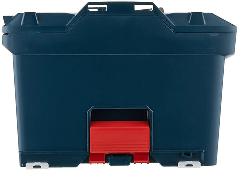 Rear view of Super Reliable Stackable Tool Storage Case That Interlocks In Seconds For Quick Transport And Safe Storage Of Your Power Tools And Equipment Making It A Total Game Changer For Any Handyman Or Pro Contractor On The Job Site, featuring a durable plastic design.