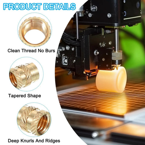 Heavy Duty Brass Threaded Inserts M6 Metric Heat Set Nuts With Knurled Grip For Plastic Jigs And 3D Models 100 Piece Batch showing details of clean threads and tapered shape.