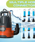 Heavy Duty 1HP Submersible Sump Pump Churning Out A Hefty 3700 Gph Flow Through Thermoplastic Housing with hose connectors.