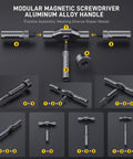 Magnetic 74 In 1 Ratchet Screwdriver Set With Detachable Handle Pro Grade Multi Bit Kit illustrating assembly steps and components.