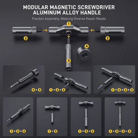 Magnetic 74 In 1 Ratchet Screwdriver Set With Detachable Handle Pro Grade Multi Bit Kit illustrating assembly steps and components.