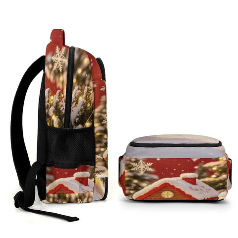 Red Winter Xmas Scene Printed Unisex Backpack Large Capacity Crafted From Durable Polyester With Breathable Panels, side view