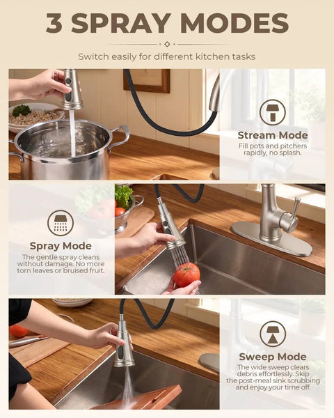 Vintage Kitchen Faucet With Pull Down Sprayer In Brushed Nickel Finish showcasing 3 spray modes for kitchen tasks.