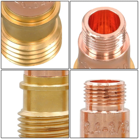 Close-up of copper and brass components from All In One TIG Welding Torch Repair Kit With Gas Lens, Alumina Nozzles, Glass Cups And Collets For WP 17 18 26