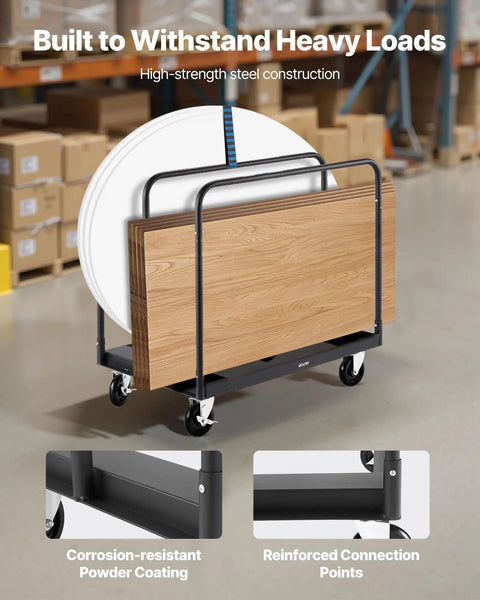 Beefy Heavy Duty Folding Table Cart With 1800 Lb Load Capacity in warehouse, steel frame, 5-inch casters, and securing straps visible.