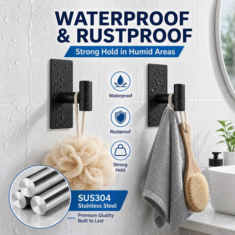 Five Pack Heavy Duty Adhesive Wall Hooks With Removable Strips For No Damage Hanging In Bathrooms Showers Outdoor Use Stainless Steel 304 In Black Durable Hooks For Towels Robes Hats And More Each Pair Holds Up To 8 Lbs With Two Strips displayed holding a loofah and towel in a wet bathroom setting.