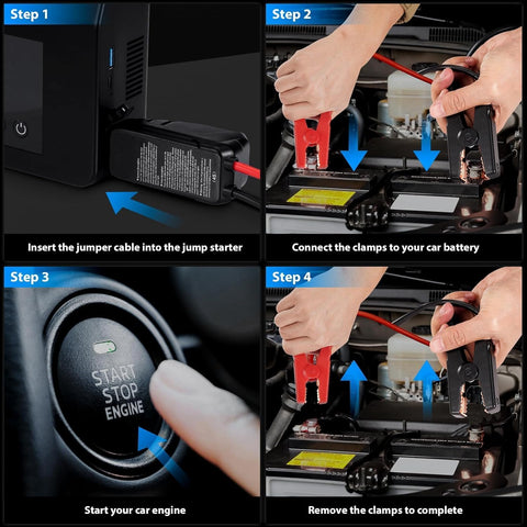 Step-by-step guide using 4000A Jump Starter With Air Compressor, 12V Car Battery Charger on vehicle battery.