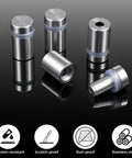 Heavy Duty Stainless Steel Standoff Screws One Half By Three Quarters Inch With Silicone Buffer Pads For Hanging Art And Wall Displays Tough As Nails Mounting Hardware. Close-up view of standoff screws with silicone buffers.