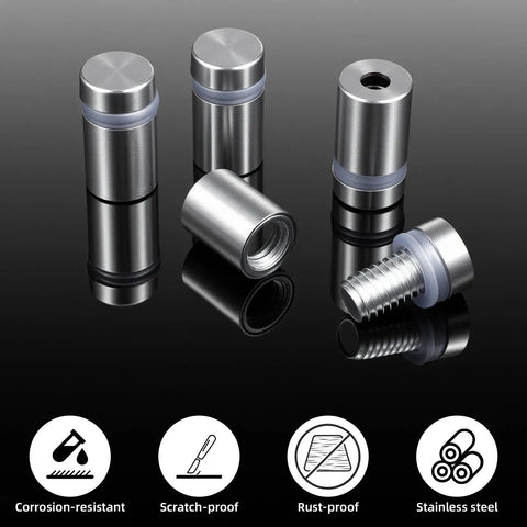 Heavy Duty Stainless Steel Standoff Screws One Half By Three Quarters Inch With Silicone Buffer Pads For Hanging Art And Wall Displays Tough As Nails Mounting Hardware. Close-up view of standoff screws with silicone buffers.