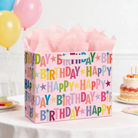 13 Inch Pink Happy Birthday Gift Bag With Colorful Lettering Design Card Tissue Paper And Sturdy Handles For Kids And Adults Birthday Parties