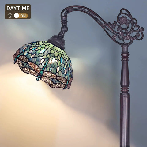 Dragonfly Tiffany Style Floor Lamp With Sea Blue Stained Glass Shade, 61 Inch Tall Arc Reading Lamp, Antique Bronze Base