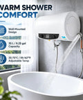 This Electric Water Heater Wall Mount Tank Is A Total Beast With 1500W Fast Heat Element And Bombproof Stainless Steel Plus Thick Enamel Liner Gets You Hot Water In A Jiffy For The Home Vibe At 110V, showing wall-mounted heater with water flow.