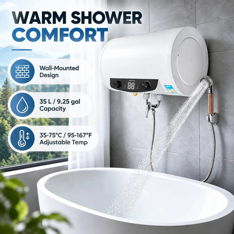 This Electric Water Heater Wall Mount Tank Is A Total Beast With 1500W Fast Heat Element And Bombproof Stainless Steel Plus Thick Enamel Liner Gets You Hot Water In A Jiffy For The Home Vibe At 110V, showing wall-mounted heater with water flow.